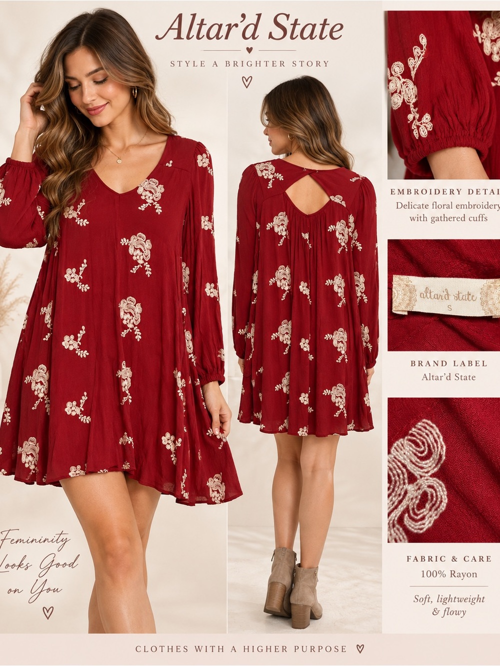 Altar’d State Red Floral Embroidered Swing Dress Size S